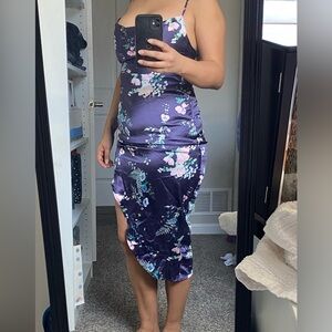 Purple Floral Satin Midi Skirt with Side Slit